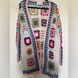 Passage Crochet Granny Square Bohemian Cardigan with Multicolor Accents